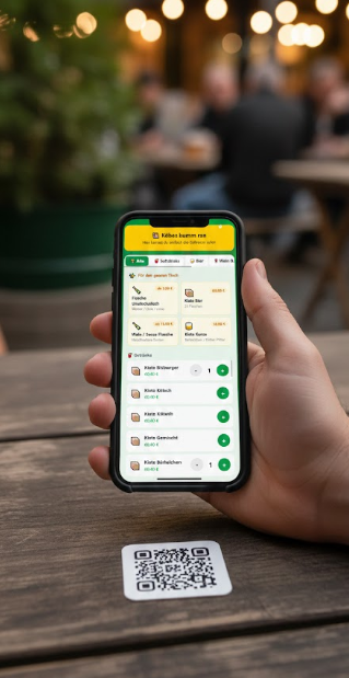Ein Gast bestellt am Tisch über den QR-Code mit dem Smartphone